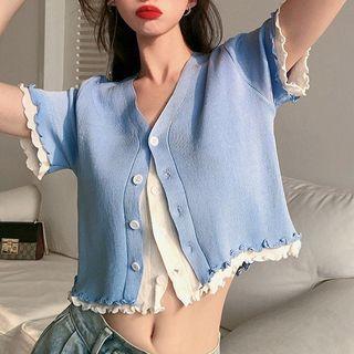 Mock-two-piece V-neck Ruffle Trim Cropped T-shirt