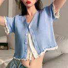 Mock-two-piece V-neck Ruffle Trim Cropped T-shirt