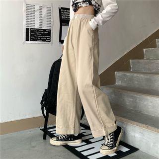 High-waist Straight-leg Plain Pants