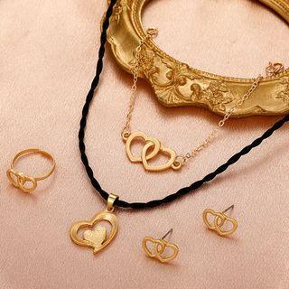 Set Of 5: Heart Pendant Alloy Necklace + Bracelet + Earrings + Ring 01 - 1 Pc - Black & Gold - One Size