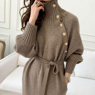 Lantern-sleeve Turtleneck Midi Sweater Dress