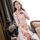 Elbow-sleeve Butterfly Print Mini Ruffle-hem Qipao/ Cap-sleeve Mini Qipao