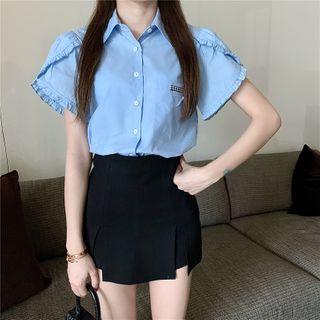 Puff-sleeve Shirt / High-waist Mini Pencil Skirt