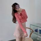 Long-sleeve Bow Detail T-shirt / Plaid Ruffle Hem Mini Pencil Skirt