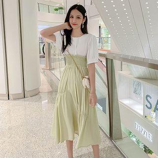 Mock Two-piece Puff-sleeve Midi Dress