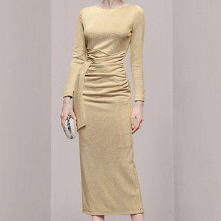 Long-sleeve Plain Ruched Maxi Dress
