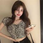 Short-sleeve Leopard Print Cropped Top Tshirt - Leopard - One Size