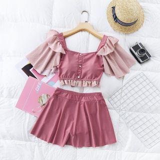Set: Short-sleeve Frill Trim Swim Top + Swim Skirt