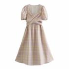 Short Sleeve Plaid Midi A-line Dress