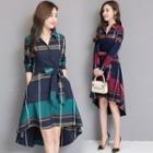 Long-sleeve Plaid High-low A-line Shirt Dress