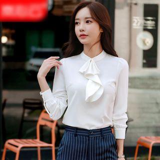 Ruffle Trim Blouse / Striped Dress Pants / Set