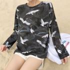 Cranes Print Long-sleeve T-shirt