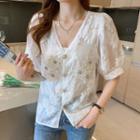 Puff-sleeve V-neck Embroidered Beaded Blouse