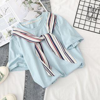 Mock Two-piece Elbow-sleeve T-shirt Blue - One Size