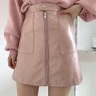 Plain Sweater / Faux Leather Zip-front Mini A-line Skirt
