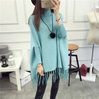 Fringe Hem Turtleneck Poncho