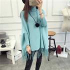 Fringe Hem Turtleneck Poncho