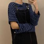 Cut Out Long-sleeve Striped T-shirt Blue - One Size