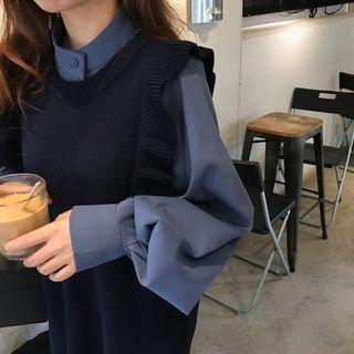 Plain Puff-sleeve Loose-fit Shirt / Plain Sleeveless Dress