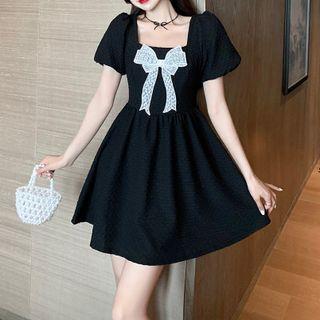 Puff-sleeve Bow Accent Mini A-line Dress