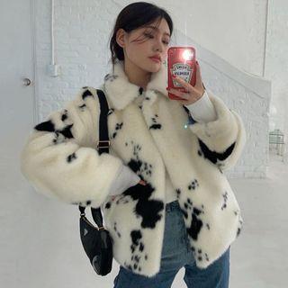 Cow Print Fluffy Jacket White & Black - One Size