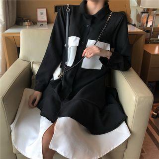 Color Block Shirt Dress Black - One Size