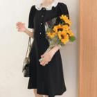 Collared Short-sleeve Chiffon Dress Black - One Size