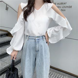 V-neck Cold-shoulder Ruffled Blouse