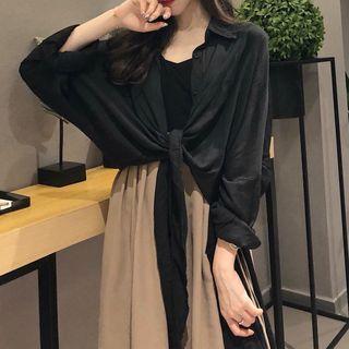 Set: Sleeveless Dress + Tie-front Light Cardigan