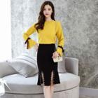 Set: Lace-up Knit Top + Slit-hem Pencil Skirt