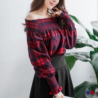 Flannel Plaid Off-the-shoulder Top