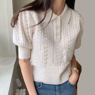 Puff-sleeve Polo Neck Knit Top