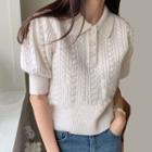 Puff-sleeve Polo Neck Knit Top