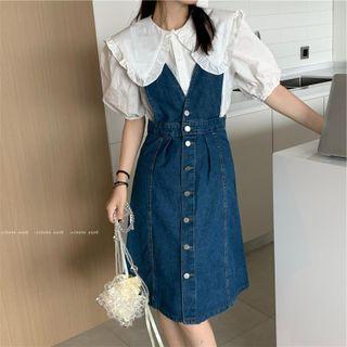Puff-sleeve Chiffon Top / Denim Jumper Dress