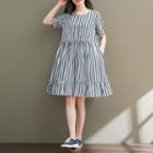 Short Sleeve Striped Ruffle-hem Midi Dress