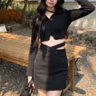 Long-sleeve Collar Crop Top / Mini Pencil Skirt