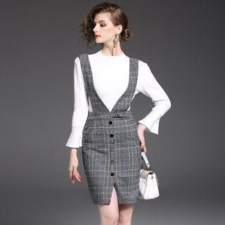 Set: Bell Sleeve Knit Pullover + Plaid Suspender Skirt