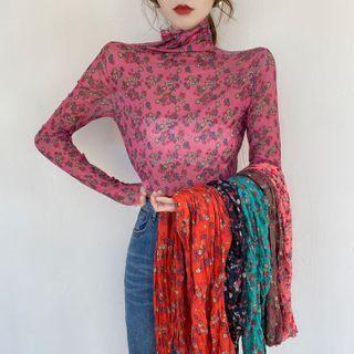 Mock-neck Floral Print T-shirt