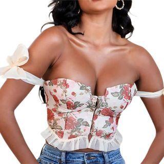 Tie-shoulder Floral Print Ruffled-trim Crop Corset Top