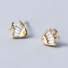 925 Sterling Silver Rhinestone Fish Earring 1 Pair - S925 Silver Stud - Gold - One Size