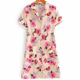 Floral Print Short-sleeve Mini A-line Shirtdress