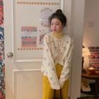 Cherry Print Knit Long-sleeve Top / Plain Turtle-neck Long-sleeve Top / High-waist Skirt