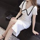 Contrast Trim V-neck Short-sleeve Kint Dress