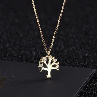 925 Sterling Silver Rhinestone Tree Pendant Necklace Ns367 - Gold - One Size