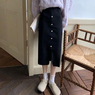 Button-up High-waist Knit Midi Skirt