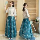 3/4-sleeve Wrap Top / Floral Print Maxi A-line Skirt