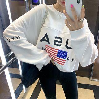 Long-sleeve Lettering Printed Pullover White - One Size
