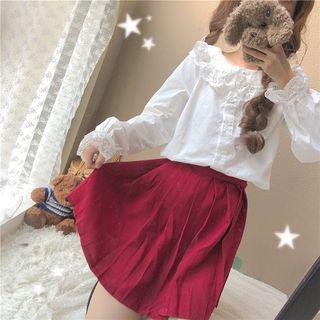 Lace Trim Blouse / High Waist Pleated Skirt