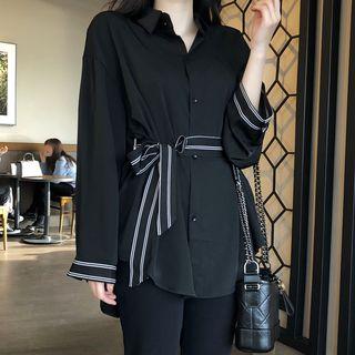 Long-sleeve Tie-waist Shirt Black - One Size