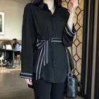 Long-sleeve Tie-waist Shirt Black - One Size